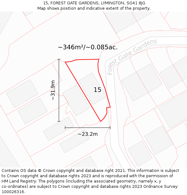 15, FOREST GATE GARDENS, LYMINGTON, SO41 8JG: Plot and title map