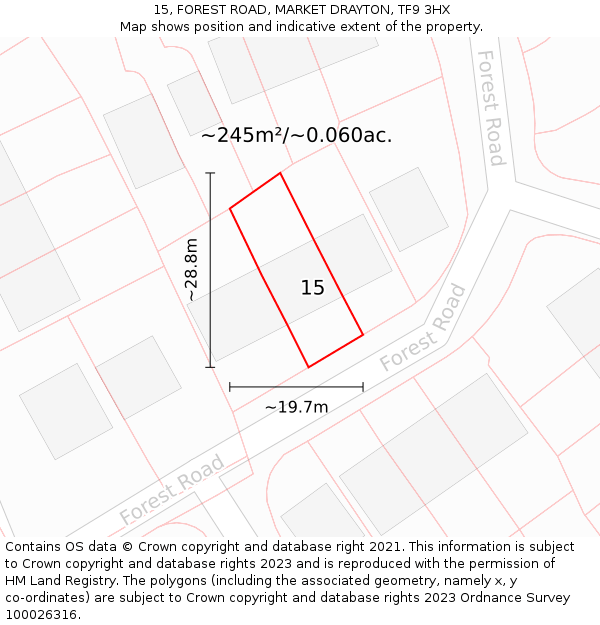 15, FOREST ROAD, MARKET DRAYTON, TF9 3HX: Plot and title map