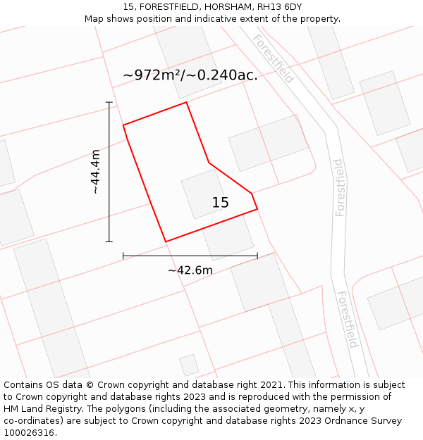 15, FORESTFIELD, HORSHAM, RH13 6DY: Plot and title map