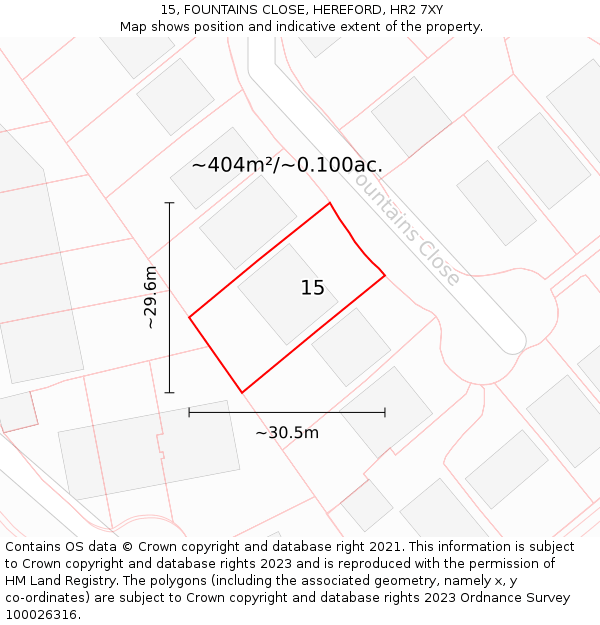 15, FOUNTAINS CLOSE, HEREFORD, HR2 7XY: Plot and title map