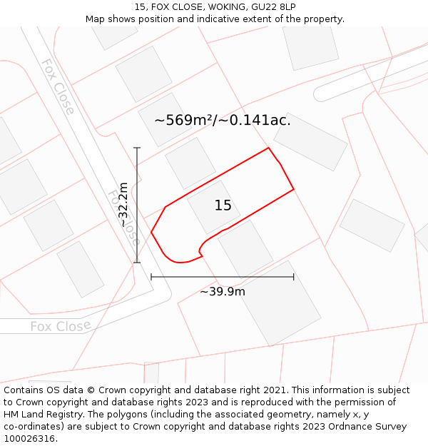 15, FOX CLOSE, WOKING, GU22 8LP: Plot and title map