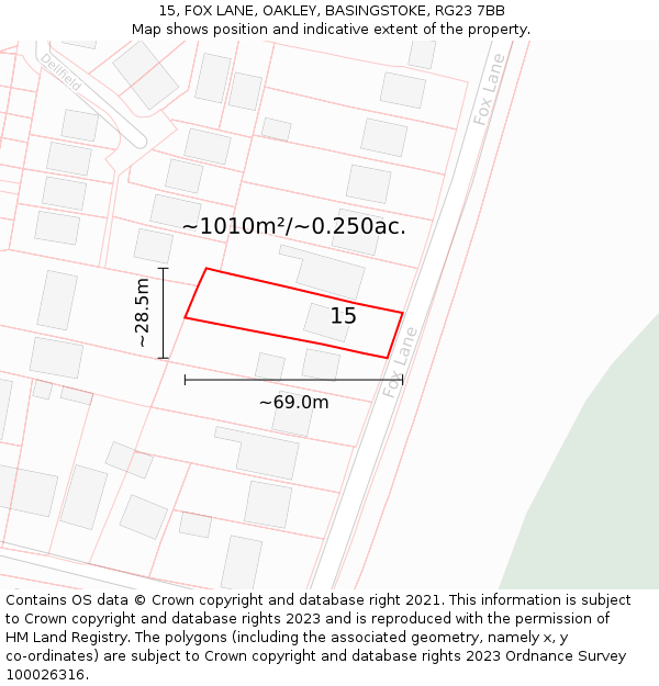 15, FOX LANE, OAKLEY, BASINGSTOKE, RG23 7BB: Plot and title map