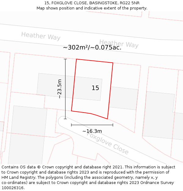 15, FOXGLOVE CLOSE, BASINGSTOKE, RG22 5NR: Plot and title map