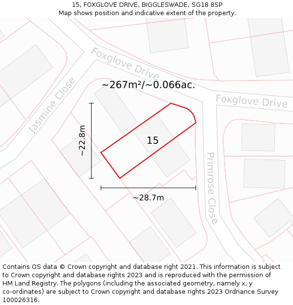 15, FOXGLOVE DRIVE, BIGGLESWADE, SG18 8SP: Plot and title map