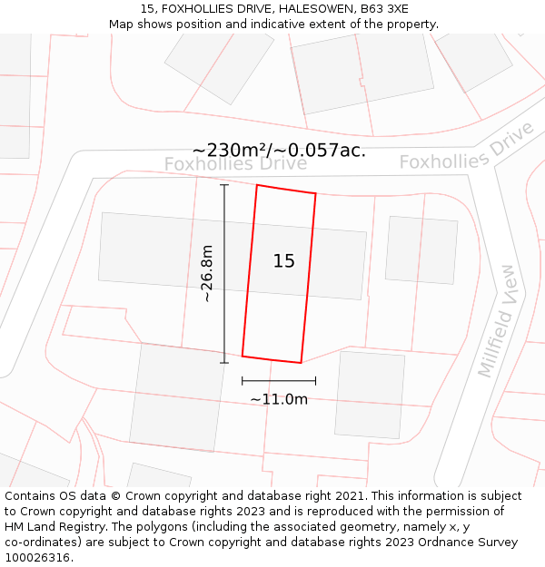 15, FOXHOLLIES DRIVE, HALESOWEN, B63 3XE: Plot and title map