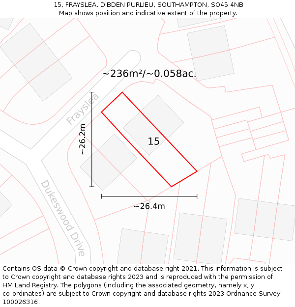 15, FRAYSLEA, DIBDEN PURLIEU, SOUTHAMPTON, SO45 4NB: Plot and title map