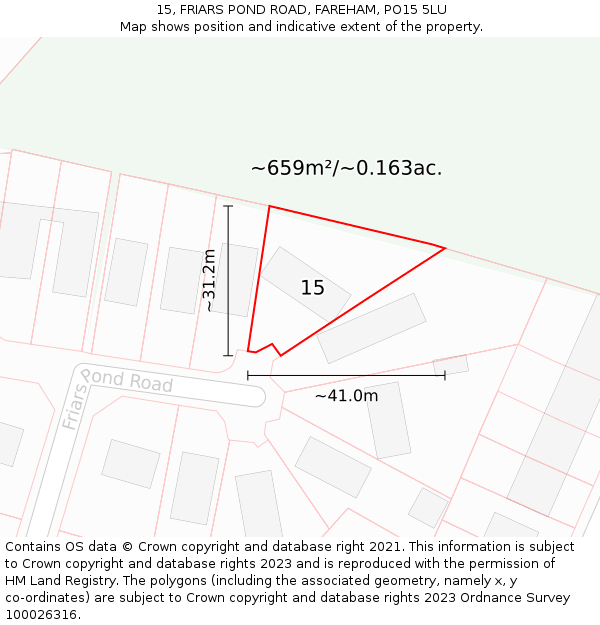 15, FRIARS POND ROAD, FAREHAM, PO15 5LU: Plot and title map