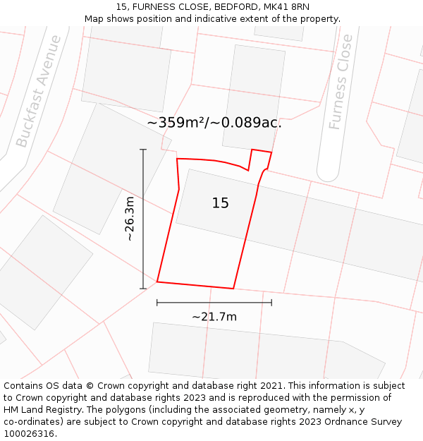 15, FURNESS CLOSE, BEDFORD, MK41 8RN: Plot and title map