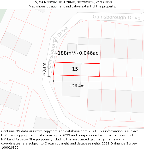 15, GAINSBOROUGH DRIVE, BEDWORTH, CV12 8DB: Plot and title map