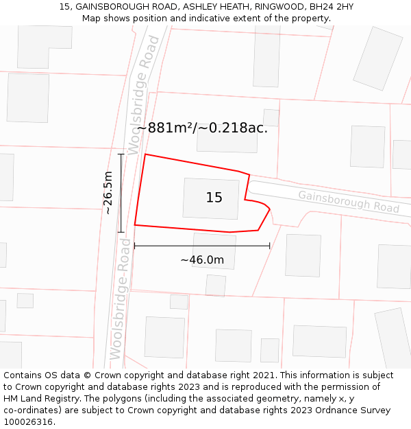 15, GAINSBOROUGH ROAD, ASHLEY HEATH, RINGWOOD, BH24 2HY: Plot and title map