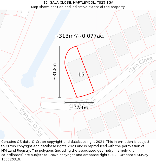 15, GALA CLOSE, HARTLEPOOL, TS25 1GA: Plot and title map