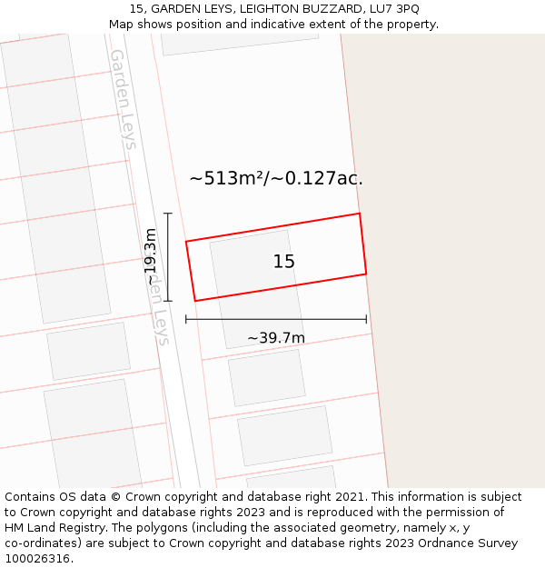 15, GARDEN LEYS, LEIGHTON BUZZARD, LU7 3PQ: Plot and title map