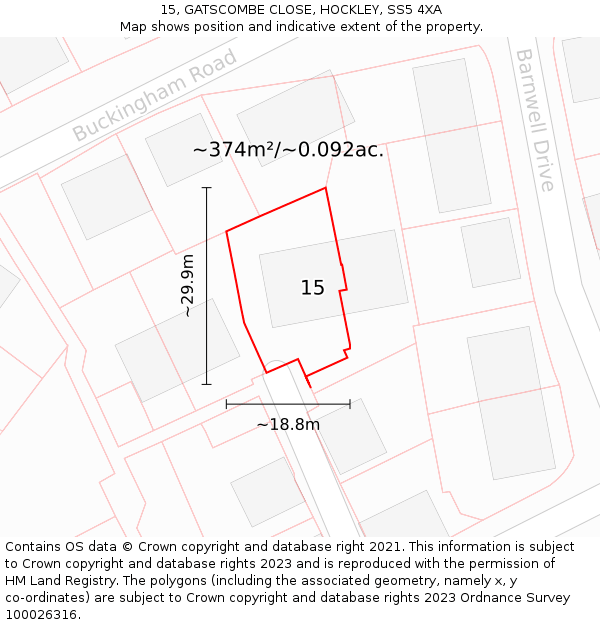 15, GATSCOMBE CLOSE, HOCKLEY, SS5 4XA: Plot and title map