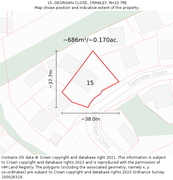 15, GEORGIAN CLOSE, CRAWLEY, RH10 7RE: Plot and title map