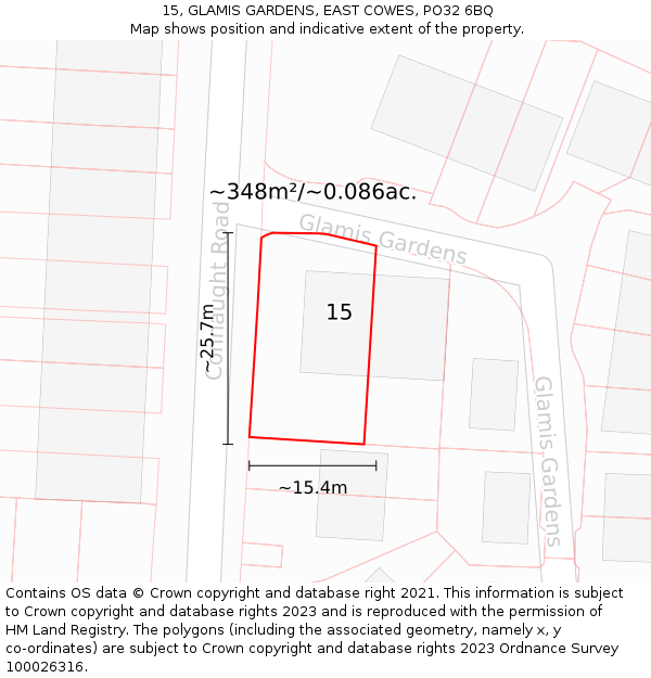 15, GLAMIS GARDENS, EAST COWES, PO32 6BQ: Plot and title map