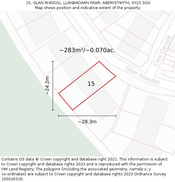 15, GLAN RHEIDOL, LLANBADARN FAWR, ABERYSTWYTH, SY23 3GG: Plot and title map