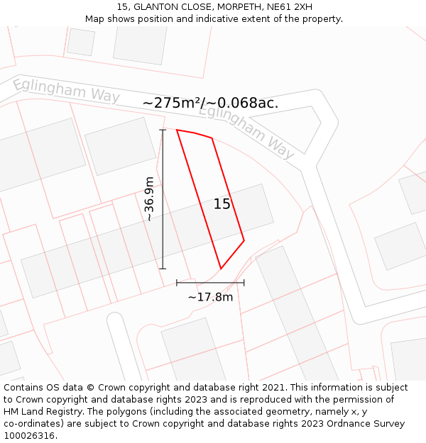 15, GLANTON CLOSE, MORPETH, NE61 2XH: Plot and title map