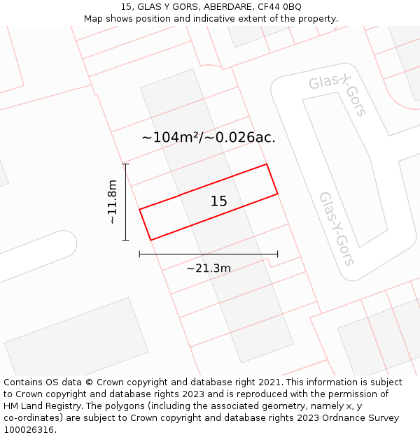 15, GLAS Y GORS, ABERDARE, CF44 0BQ: Plot and title map