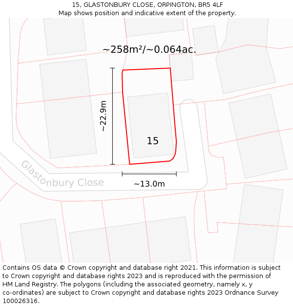 15, GLASTONBURY CLOSE, ORPINGTON, BR5 4LF: Plot and title map