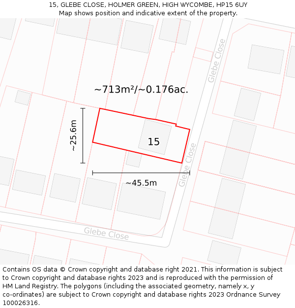 15, GLEBE CLOSE, HOLMER GREEN, HIGH WYCOMBE, HP15 6UY: Plot and title map