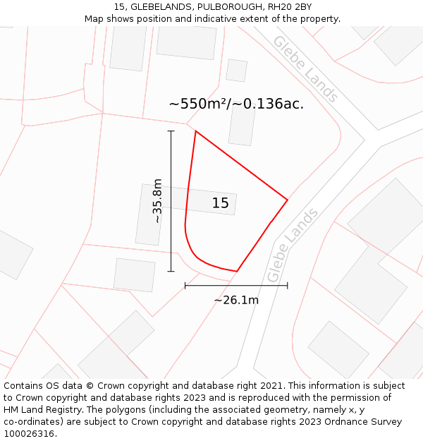 15, GLEBELANDS, PULBOROUGH, RH20 2BY: Plot and title map