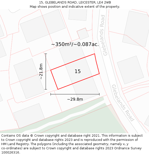 15, GLEBELANDS ROAD, LEICESTER, LE4 2WB: Plot and title map