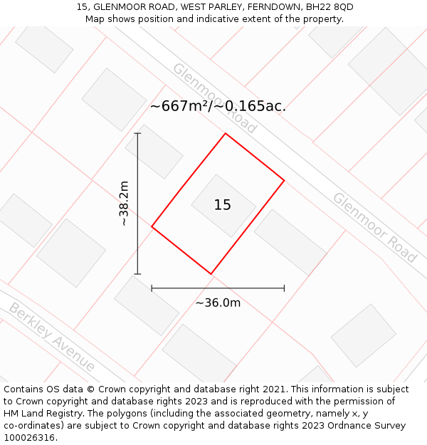 15, GLENMOOR ROAD, WEST PARLEY, FERNDOWN, BH22 8QD: Plot and title map