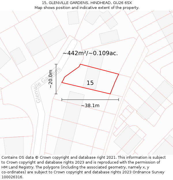 15, GLENVILLE GARDENS, HINDHEAD, GU26 6SX: Plot and title map