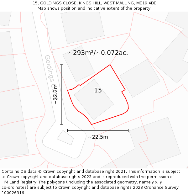 15, GOLDINGS CLOSE, KINGS HILL, WEST MALLING, ME19 4BE: Plot and title map