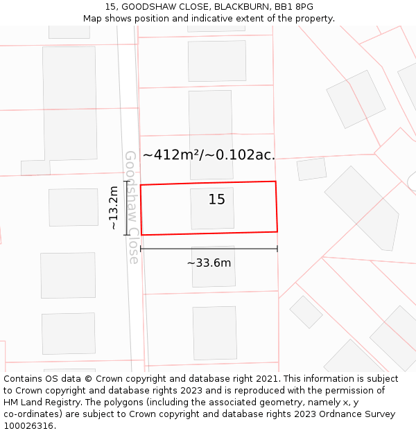 15, GOODSHAW CLOSE, BLACKBURN, BB1 8PG: Plot and title map