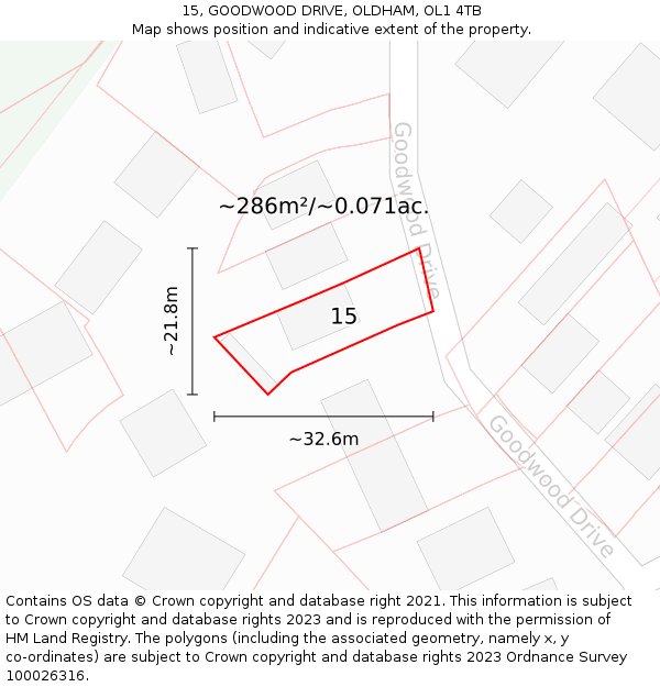 15, GOODWOOD DRIVE, OLDHAM, OL1 4TB: Plot and title map