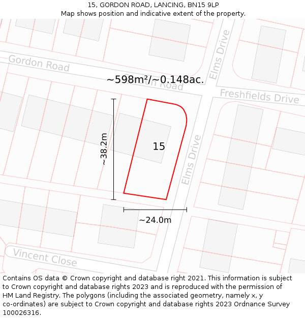 15, GORDON ROAD, LANCING, BN15 9LP: Plot and title map
