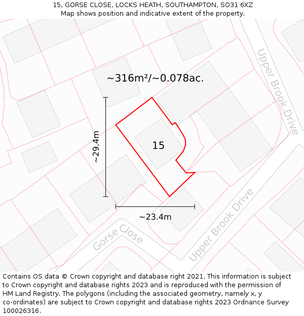 15, GORSE CLOSE, LOCKS HEATH, SOUTHAMPTON, SO31 6XZ: Plot and title map