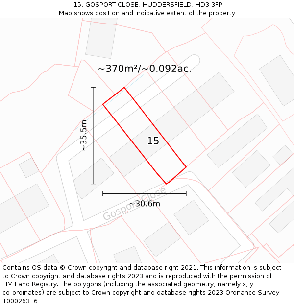 15, GOSPORT CLOSE, HUDDERSFIELD, HD3 3FP: Plot and title map