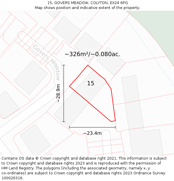 15, GOVERS MEADOW, COLYTON, EX24 6PG: Plot and title map