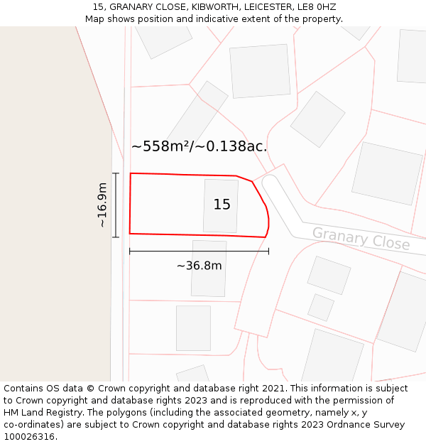 15, GRANARY CLOSE, KIBWORTH, LEICESTER, LE8 0HZ: Plot and title map