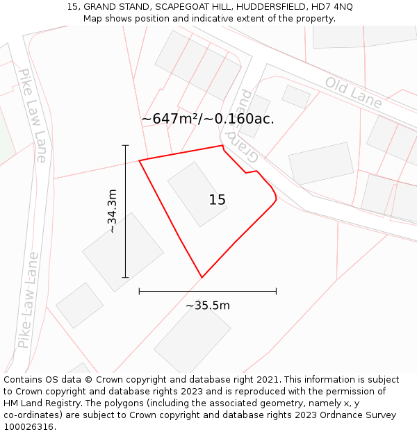 15, GRAND STAND, SCAPEGOAT HILL, HUDDERSFIELD, HD7 4NQ: Plot and title map