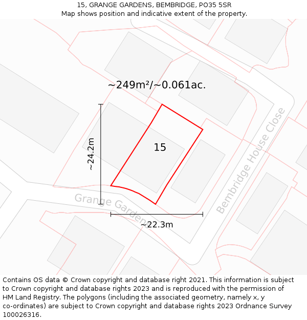 15, GRANGE GARDENS, BEMBRIDGE, PO35 5SR: Plot and title map