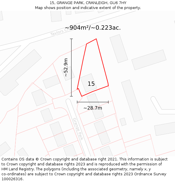 15, GRANGE PARK, CRANLEIGH, GU6 7HY: Plot and title map