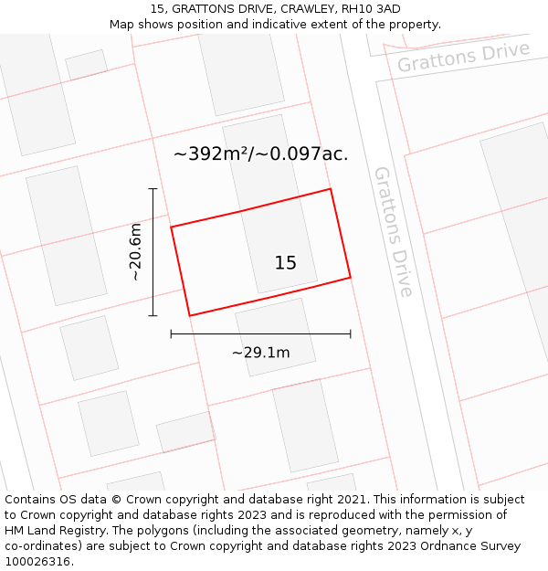 15, GRATTONS DRIVE, CRAWLEY, RH10 3AD: Plot and title map