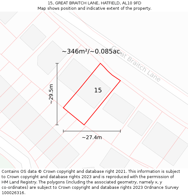 15, GREAT BRAITCH LANE, HATFIELD, AL10 9FD: Plot and title map