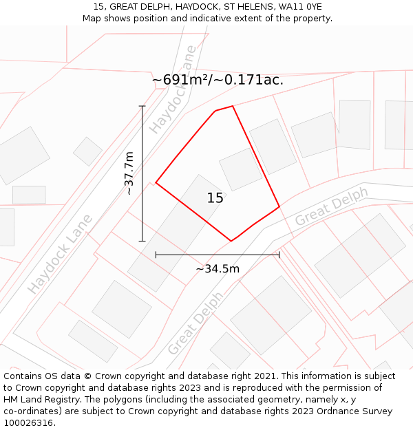 15, GREAT DELPH, HAYDOCK, ST HELENS, WA11 0YE: Plot and title map