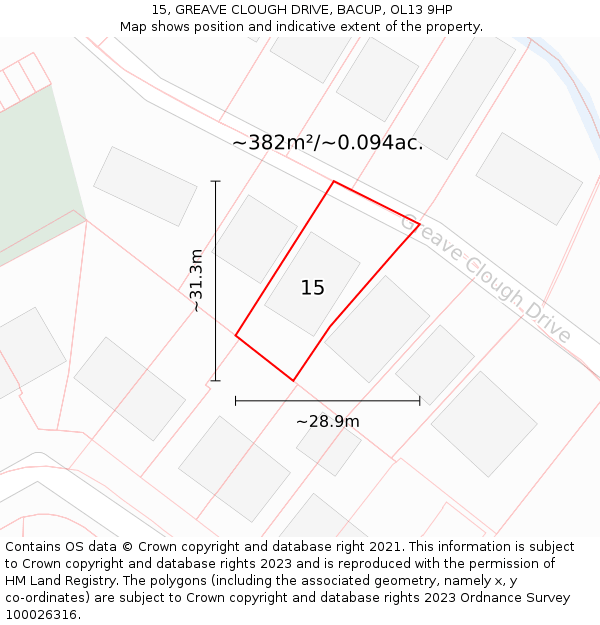 15, GREAVE CLOUGH DRIVE, BACUP, OL13 9HP: Plot and title map