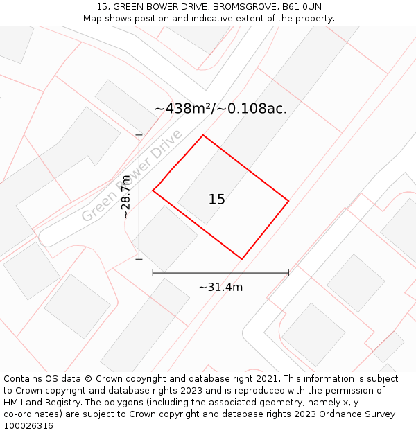 15, GREEN BOWER DRIVE, BROMSGROVE, B61 0UN: Plot and title map