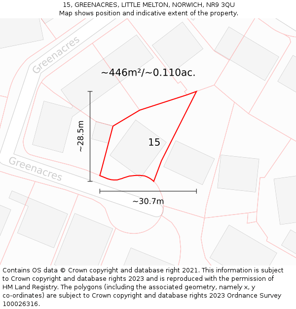 15, GREENACRES, LITTLE MELTON, NORWICH, NR9 3QU: Plot and title map