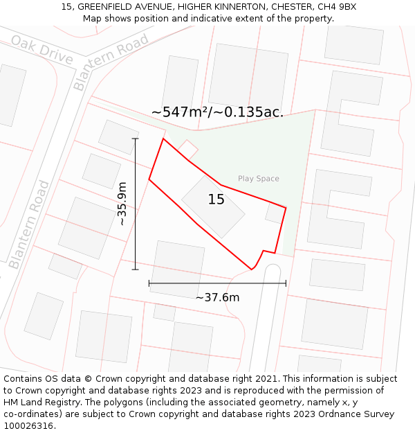 15, GREENFIELD AVENUE, HIGHER KINNERTON, CHESTER, CH4 9BX: Plot and title map