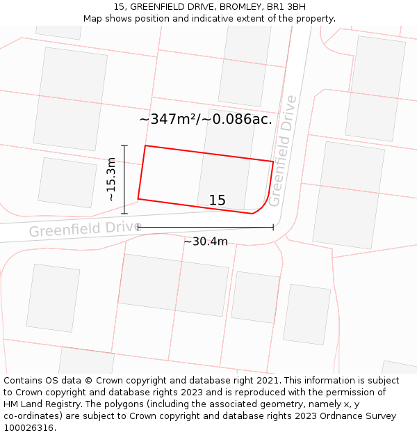 15, GREENFIELD DRIVE, BROMLEY, BR1 3BH: Plot and title map