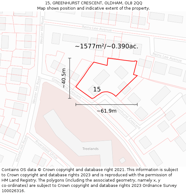 15, GREENHURST CRESCENT, OLDHAM, OL8 2QQ: Plot and title map