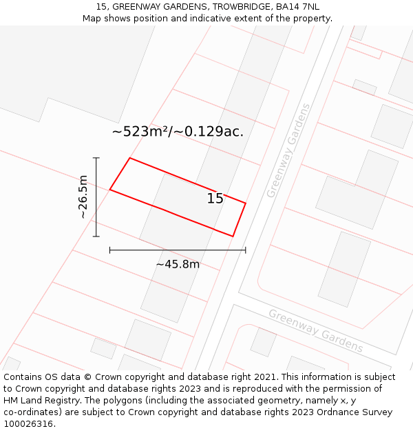 15, GREENWAY GARDENS, TROWBRIDGE, BA14 7NL: Plot and title map