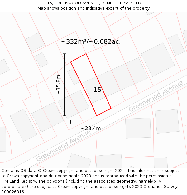 15, GREENWOOD AVENUE, BENFLEET, SS7 1LD: Plot and title map